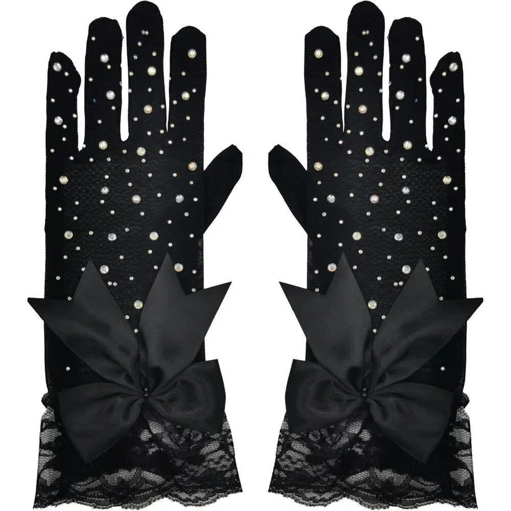 Women's Short Lace Beauty Rhinestone Black Bow Gloves Tea Party Prom Designed